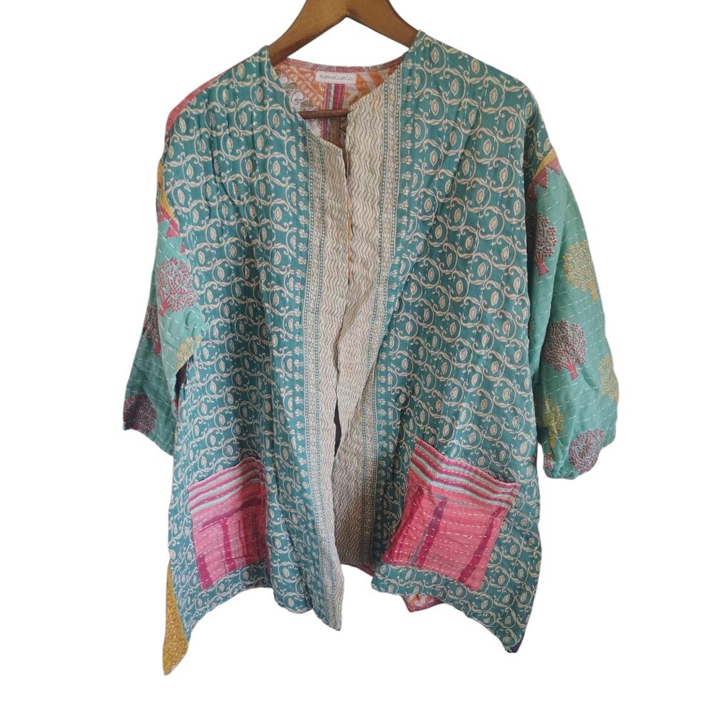 ButterCatCo Kantha Quilted Patchwork Open Front Jacket Boho Pockets Artisan - Picture 2 of 6